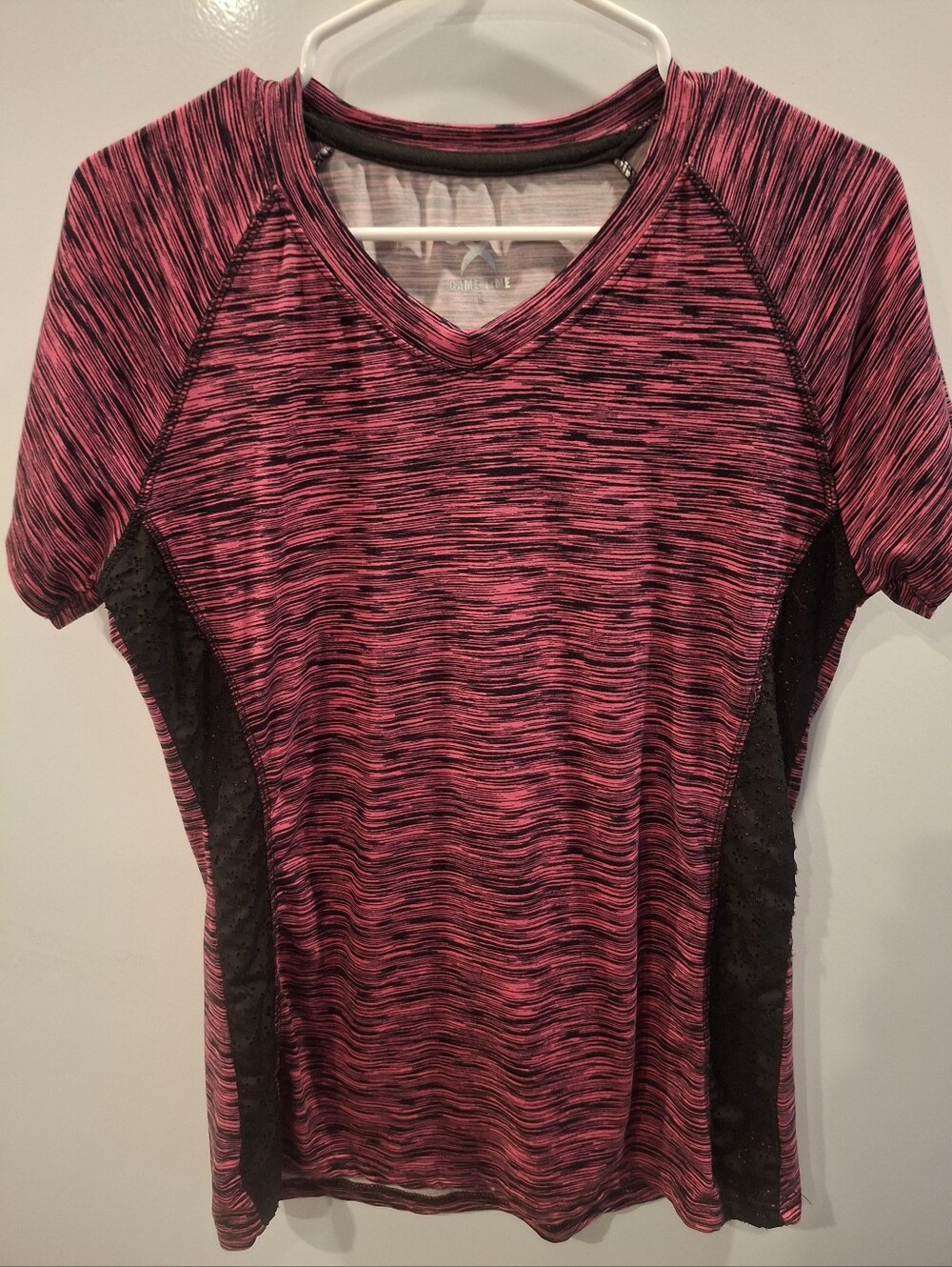 Game Time Women's Pink Space-Dye V-Neck Top with Black Panels